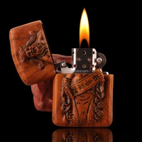 

Personality creative modeling metal wood carving wheel open flame kerosene lighter on behalf of the wood lighter