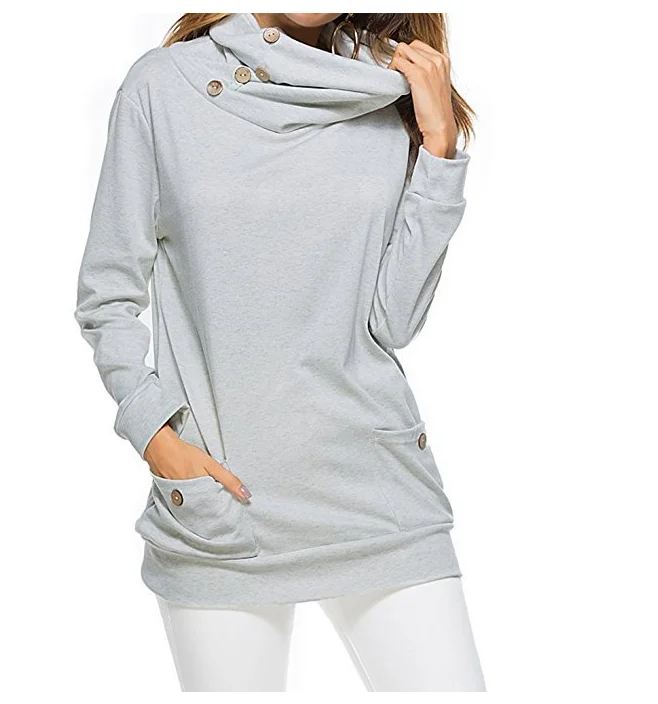 

2018 autumn solid color long-sleeved bib pocket pullover sweater Hight collar Tops