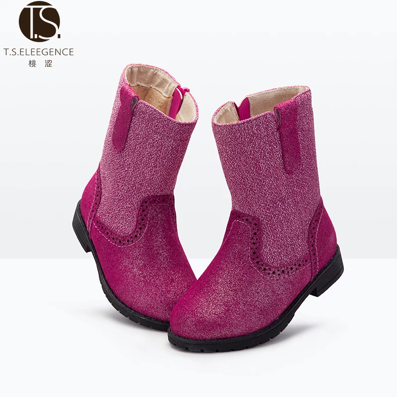 

Winter shoes Children rubber boots girls thickening cotton shoes kids leather warm thermal snow shoes mixed material, Black/rose red/lavender