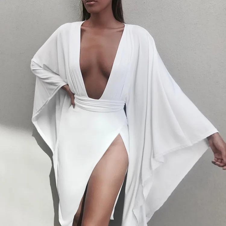 

2019 New Fashion Black White Full Flare Sleeve Sexy Hollow Out Deep V Neck Women Casual Party Dress Vestidos, Shown