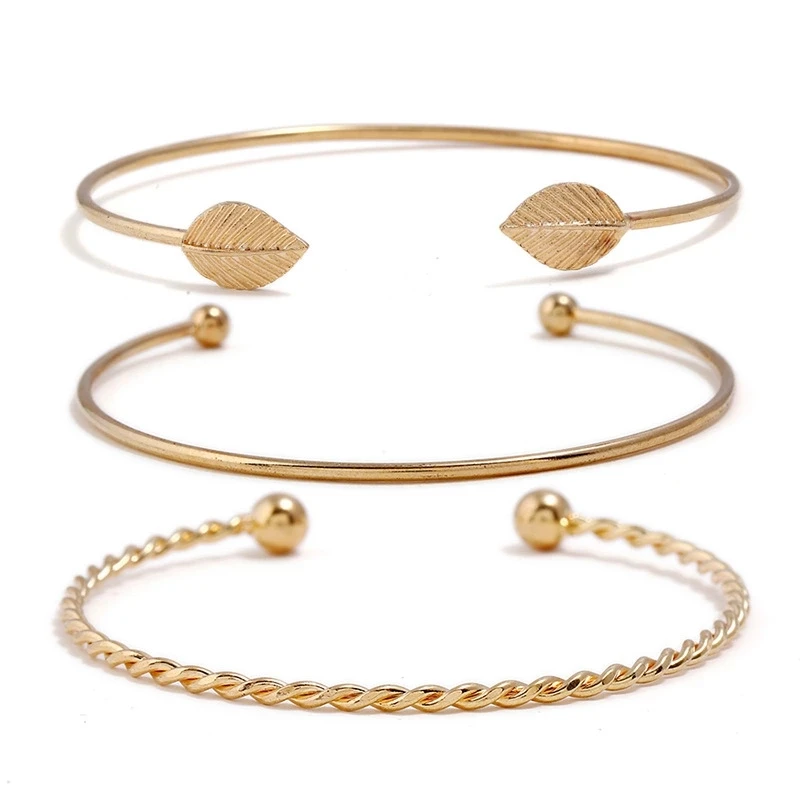 

3Pcs/Set Women Alloy Gold Leaf cuff Bracelet Set