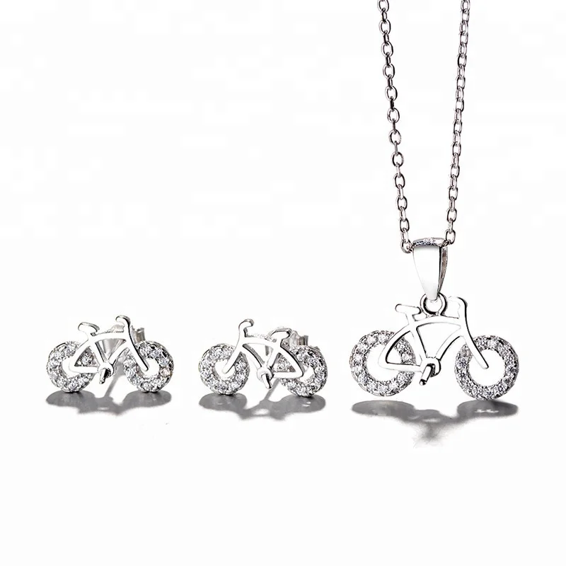 

Fashion Necklace and Earrings Costume Jewelry With CZ 925 Sterling Silver Bicycle Jewelry Necklace Set, As customer request