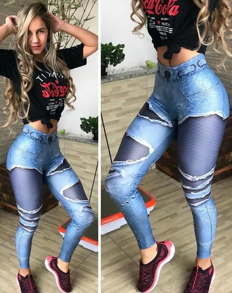 

Women Jeans Print Leggings Sporting Workout Leggins 3D Workout Fitness Elastic Pants