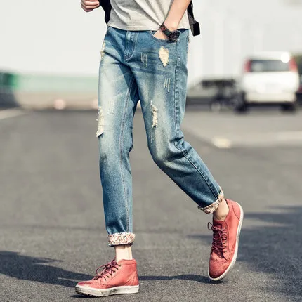 

Fashion New Models Selvedge Denim Pants Ripped Damaged Men Jeans, As picture