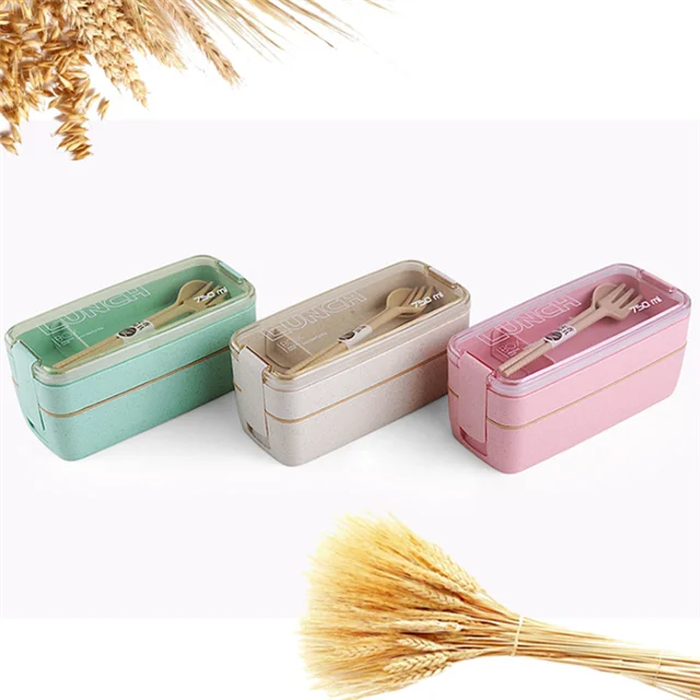 

BPA Free Wholesale Selling 750ml Stackable Double Layers Wheat Straw Lunch Box Containers For Women Office Portable Bento, Light green, pink, beige