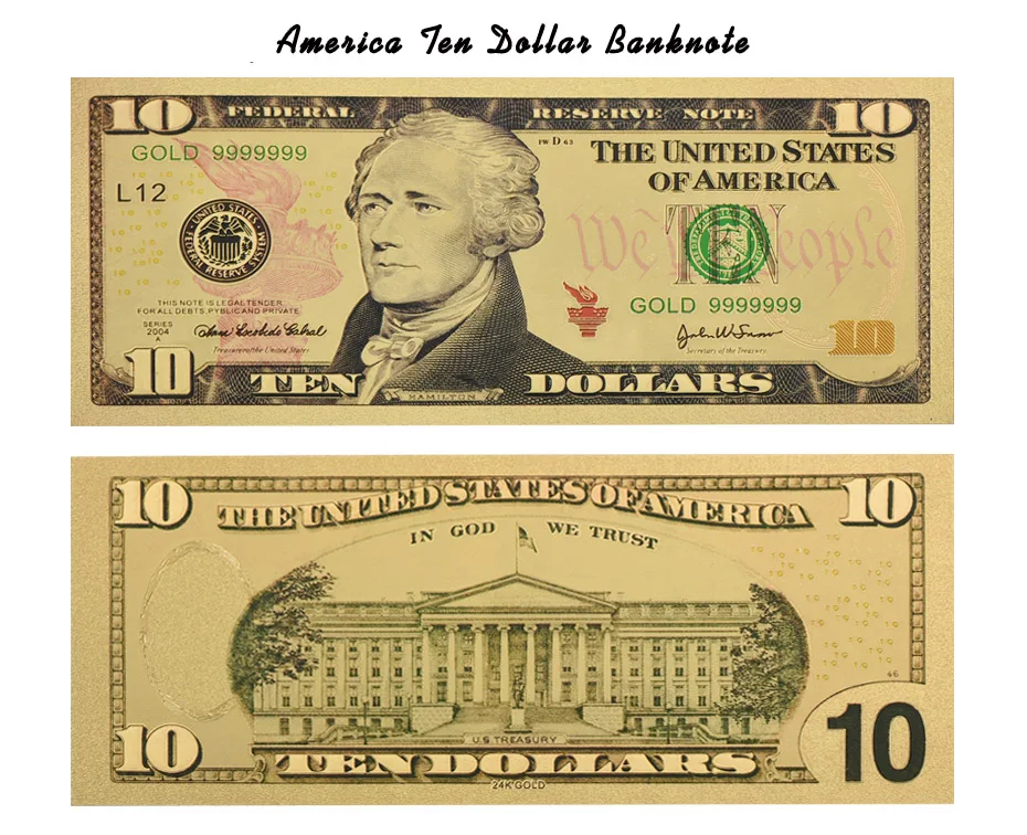 Wr 24k Us Foil Folk Gold Banknote American 10 Dollars Copy Paper Money ...