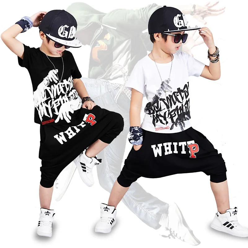 

2pcs Children's wear Jazz Hip Hop kids dance performance costumes boys summer short-sleeved performance suit, White black