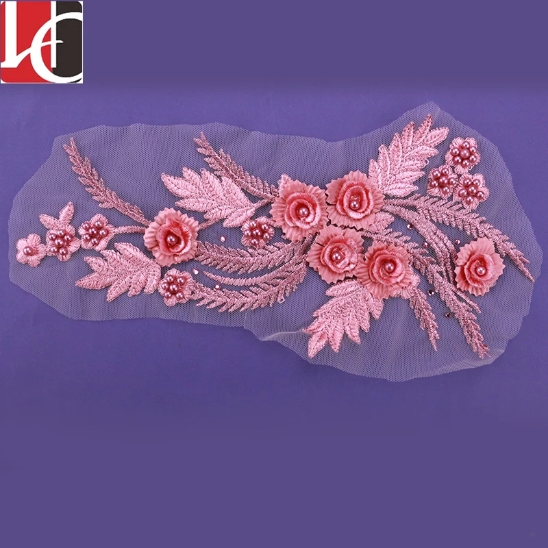 

Hechun New Design Popular Bead Rhinestone Lace 3D Flower Applique for Garment or wedding dresses, N/a