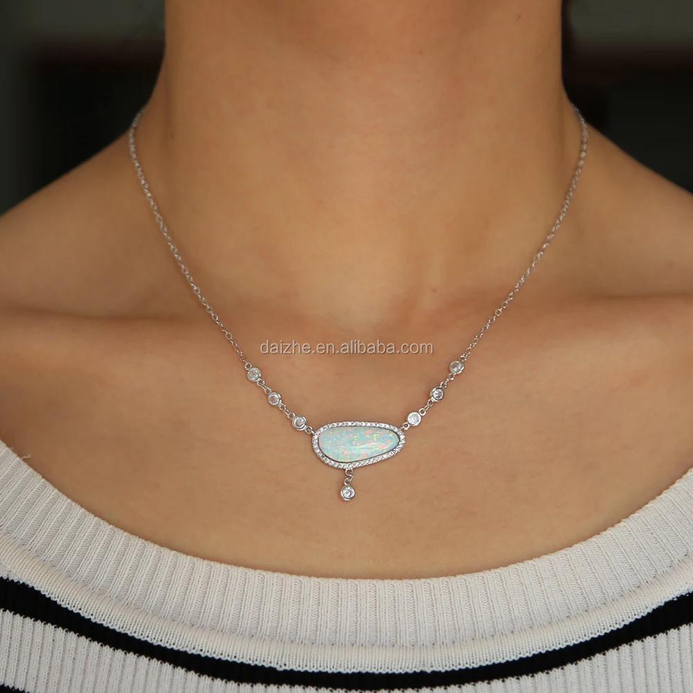 

cheaper silver plated big opal stone paved with cz station chain necklace for usa women wedding