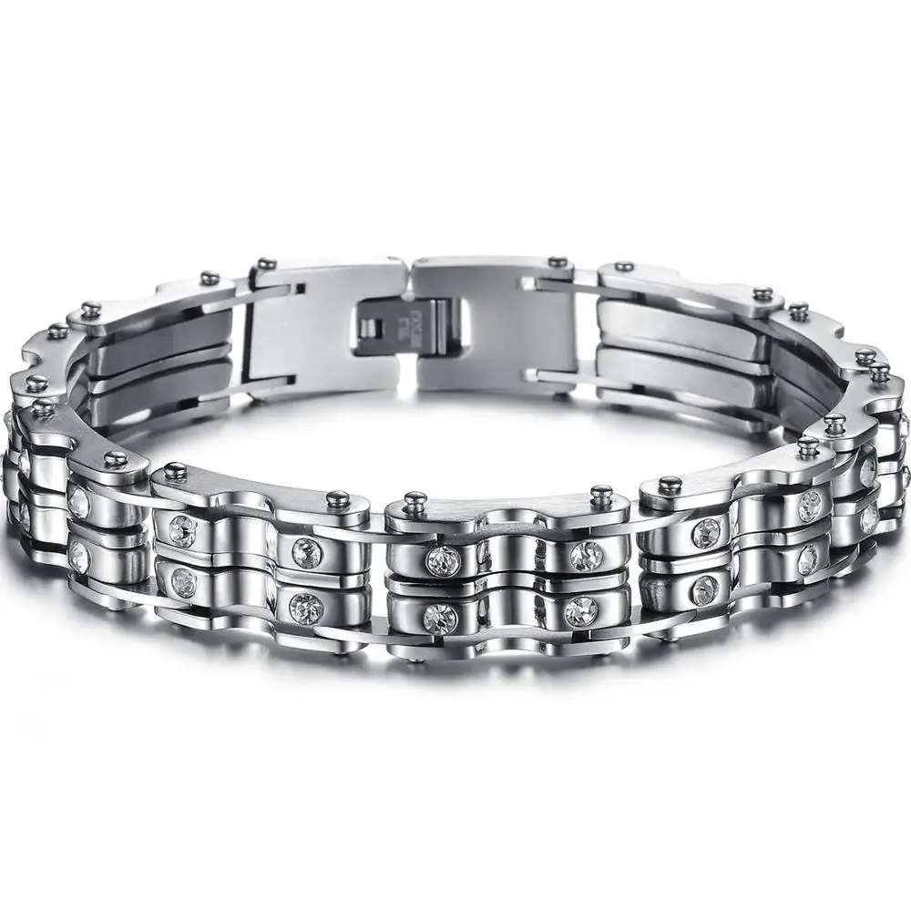 

Silver stainless steel link chain bracelets with crystal man business style bangle accessories