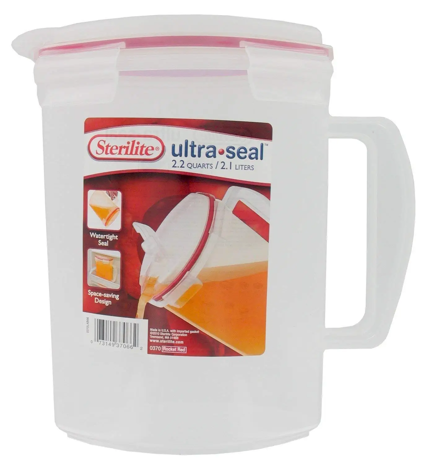 Clear Lid and Base with Rocket Red Gasket Sterilite 03706606 Ultra-Seal 2.2 Quart Pitcher 6-Pack