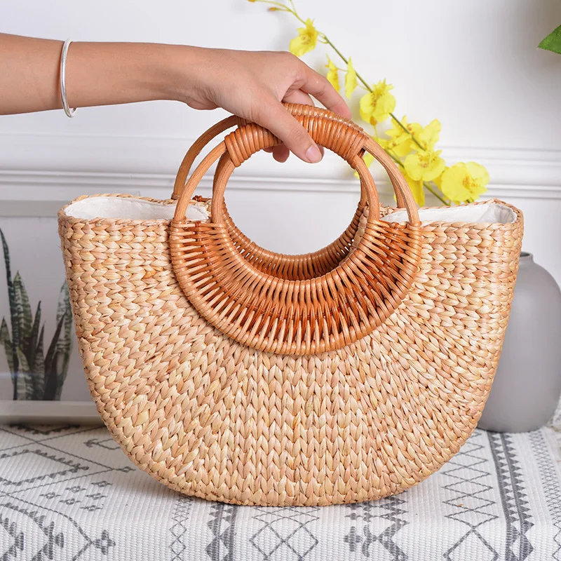 

2019 Autumn Winter straw bag women wood handle bag, Straw color