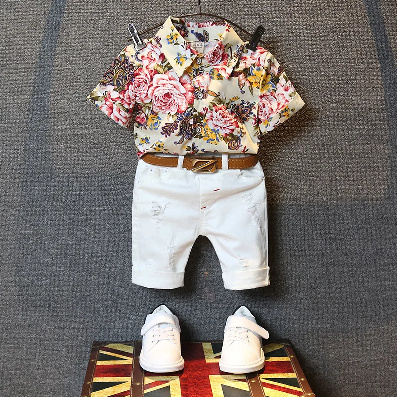 

F20718A Fashion boys clothing floral shirt pants sets cotton clothing for kids, As picture