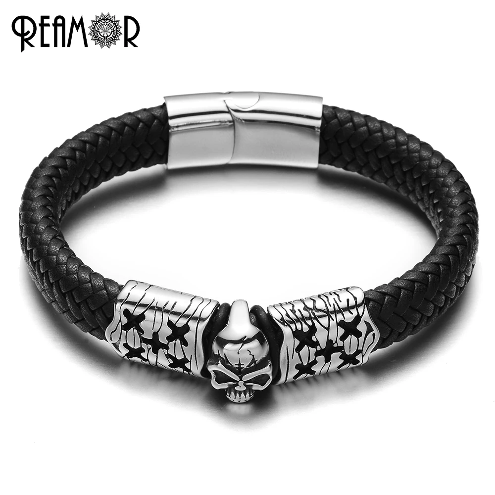 

REAMOR Trendy 12mm Flat Wide Braided Leather Bracelets with Stainless Steel Skeleton Skull Head Charms Bracelets Bangle for Men