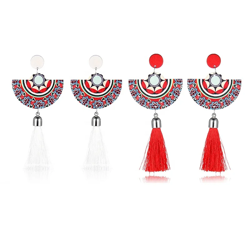 

New Fashion Semicircle Flower Tassel Pendant Earrings For Women Boho Big Drop Fringed Earrings Red Wedding Jewelry, Photo color