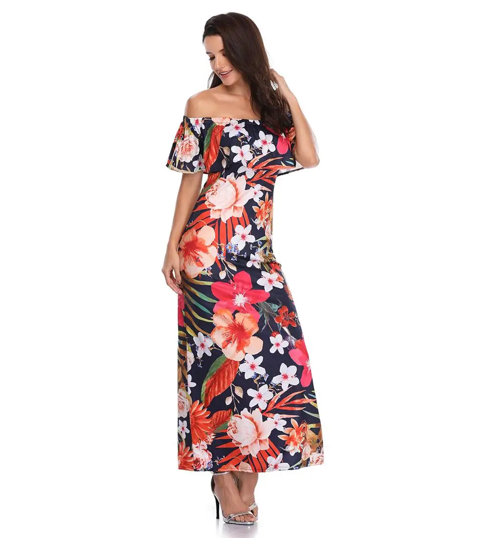 

2018 Hot Summer Short Sleeve Maxi Off Shoulder Floral Print Beach Dresses, Shown
