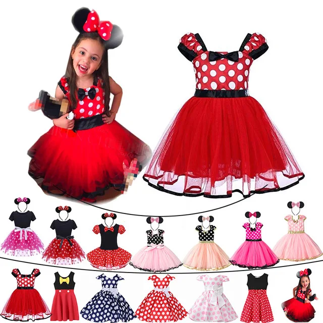 

Baby Girl Cute Tutu Clothing Above Knee Mini Falda Toddler Polka Kid Summer Party Tulle Dress Mickey Clothes Child Frock, As picture