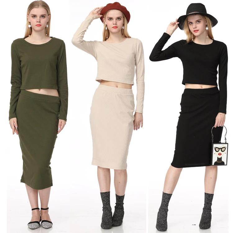

Wholesale Green Long Sleeve Crop Top and Below Knee Pencil Skirt Two Piece Set Party Club Casual Women Bodycon 2 Piece Dress