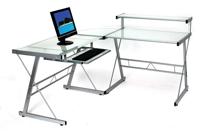 Customized transparent glass desktop metal iron frame l shape office desk corner computer table