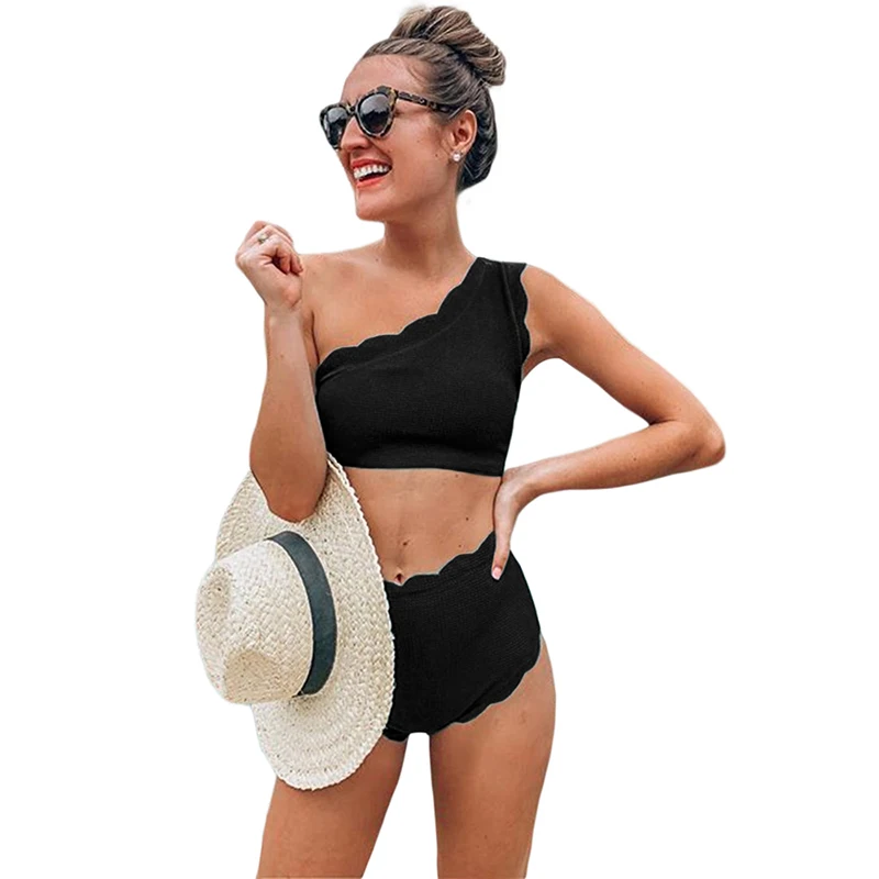 

Black Scalloped Trim One Shoulder High Waist Bikini For Women, Black/green/yellow