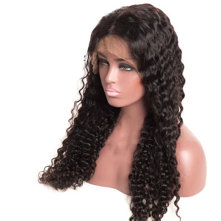 

9A virgin european natural black hair deep wave human hair full lace wig, Natural color lace wig