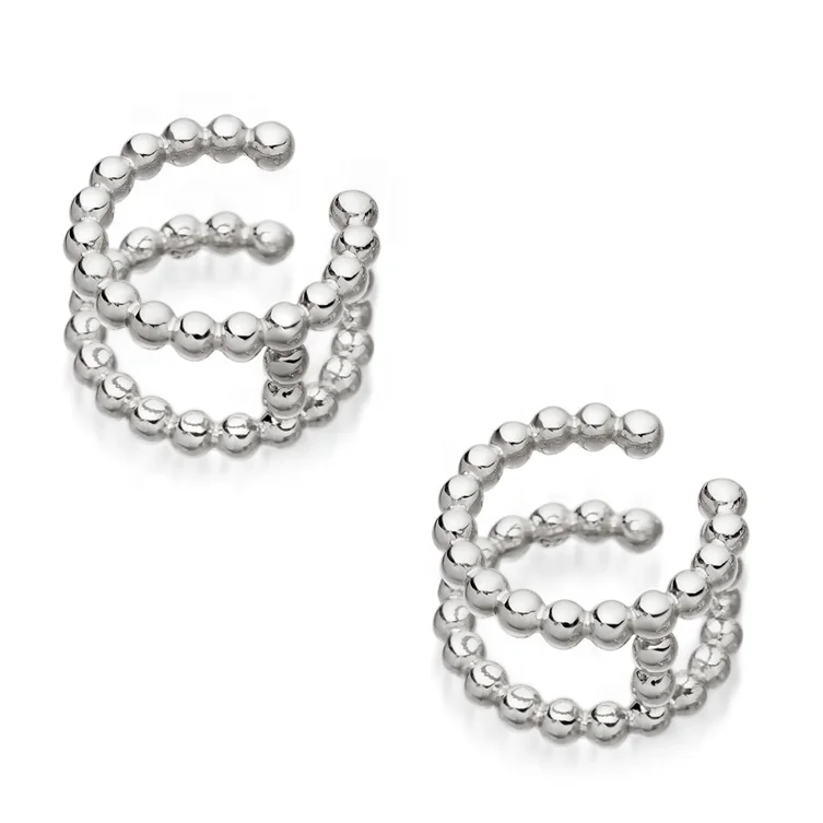 

women custom silver beaded earrings double ear cuff 925