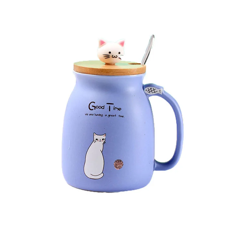 

Zogift Hot sale cartoon gift color glazed ceramic cat coffee tea mug creative kids travel water milk cup with lid and spoon, Yellow/purple/blue/pink