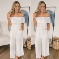 

Ecowalson 2019 Summer Sexy One-character Shoulder Stripe Stitching Jumpsuit