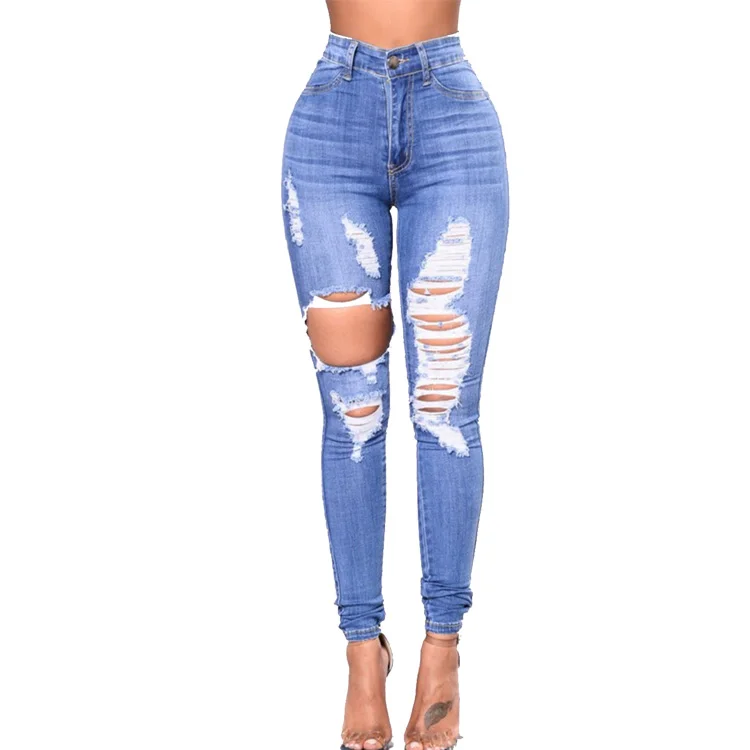 

Latest Design Light Blue Women High Waist Denim Ripped Fashion Jeans Pants