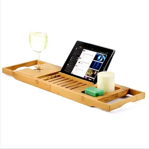 Image of Nice Quality Long Expandable Bathtub Adjustable Serving Organizer Bathroom Natural Bamboo Caddy Tray