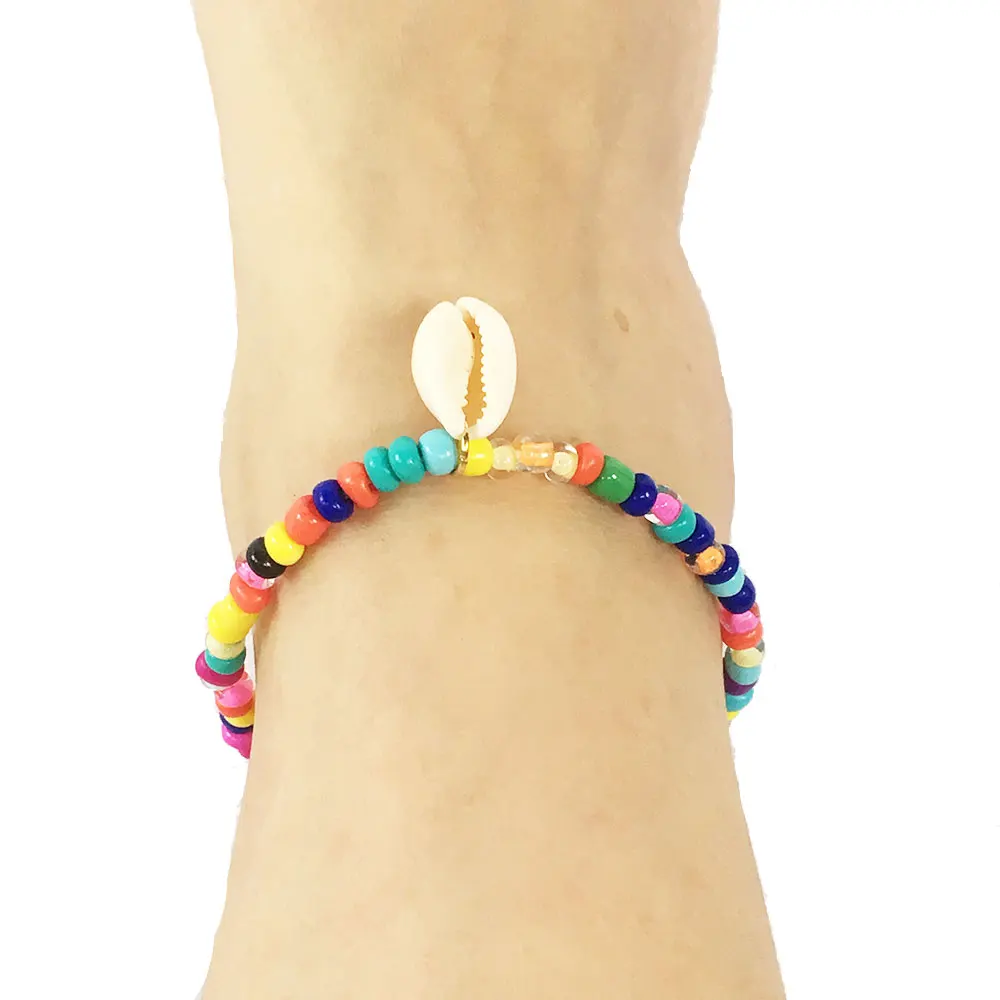 

Bright Colorful Sea Shell Bead Pendant Women Beach Stretchy Glass Seed Beads Anklet Bracelet Handmade Fashion Jewelry