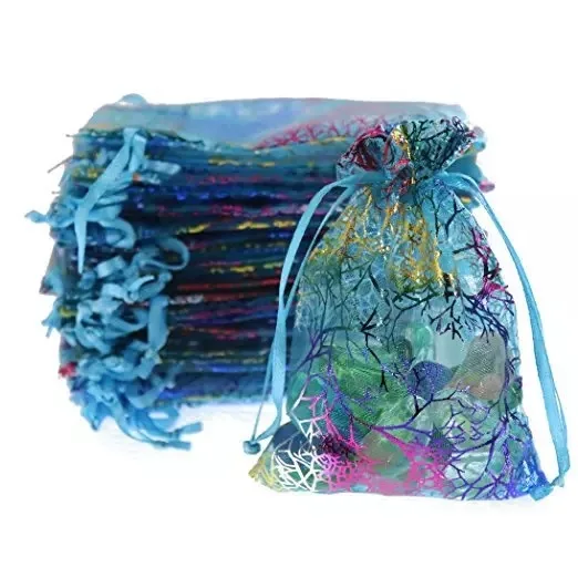 

10 x15cm Organza Drawstring Jewelry Packaging Pouches for Party Candy Wedding Favor Gift Bags Sheer with Gilding Pattern, White/purple/blue/pink