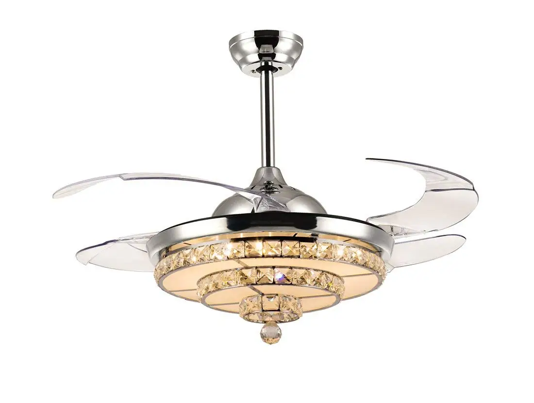 7PM Retractable Ceiling Fans 36 Inch Crystal Invisible Chandelier Fan with Remote Control Dimmable LED Light Warm Daylight Cool White for Decorate Living Room Dining Room Bedroom Chrome Finished