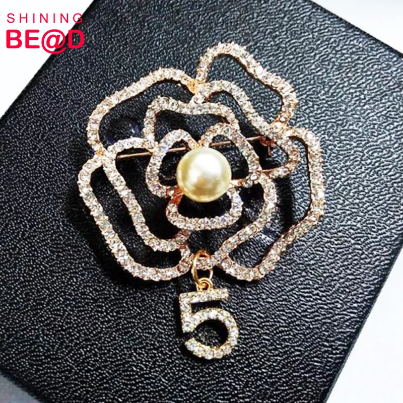 

DIY Number 5 Charm Pearl Collar Camellia Flower Brooch Rhinestones Pin