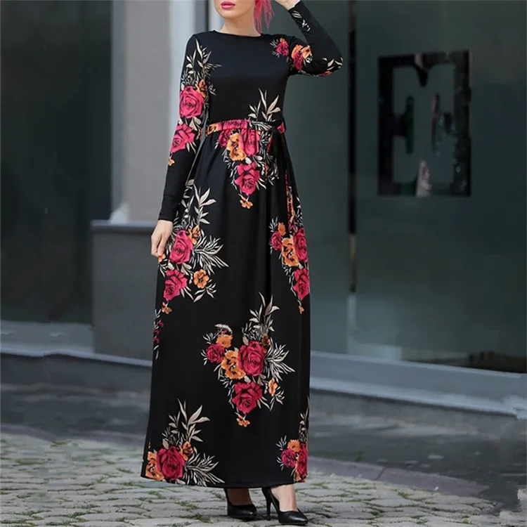 

Printing indonesia jersey black long sleeve muslim party dress