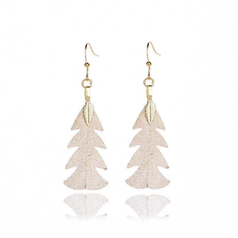 

European Christmas Holiday Gift Natural Leaf Earring Bioplating Christmas Tree Real Leaf Earring, As picture shows