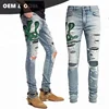 OEM men hand spalattered distressed denim with mixed pattern patches jeans