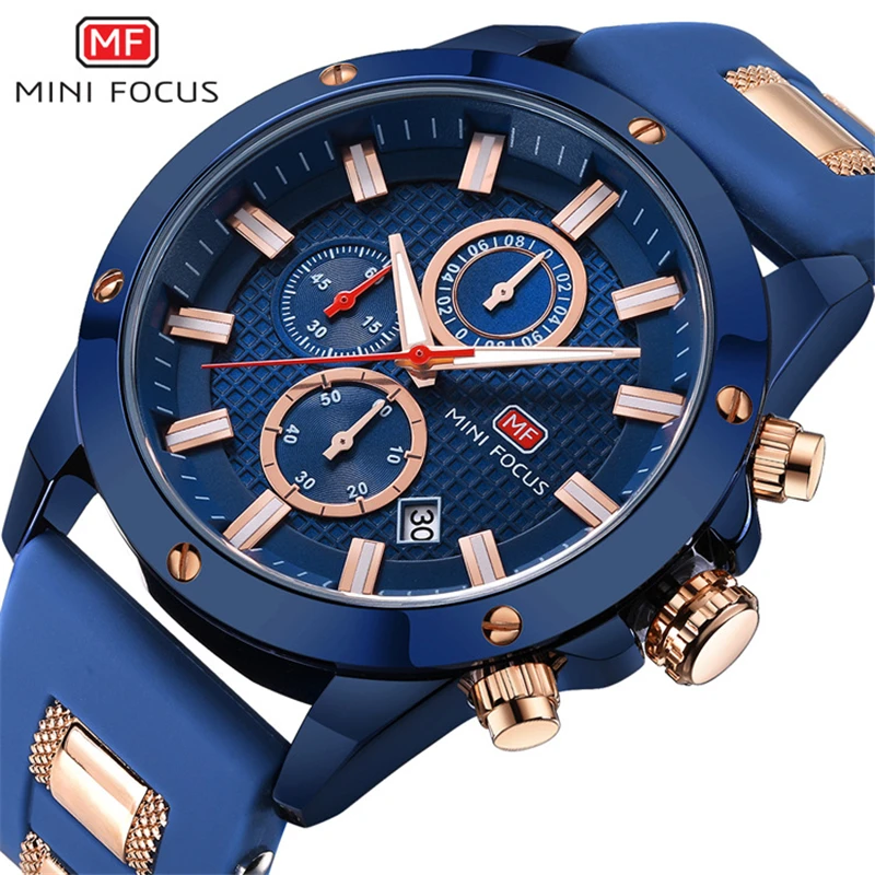 

MINI FOCUS 0089G Top Brand Luxury Watch Men Quartz Clock Insert Metal Rubber Strap 6 Hands 24H Calendar 3D Bolt Design Watch