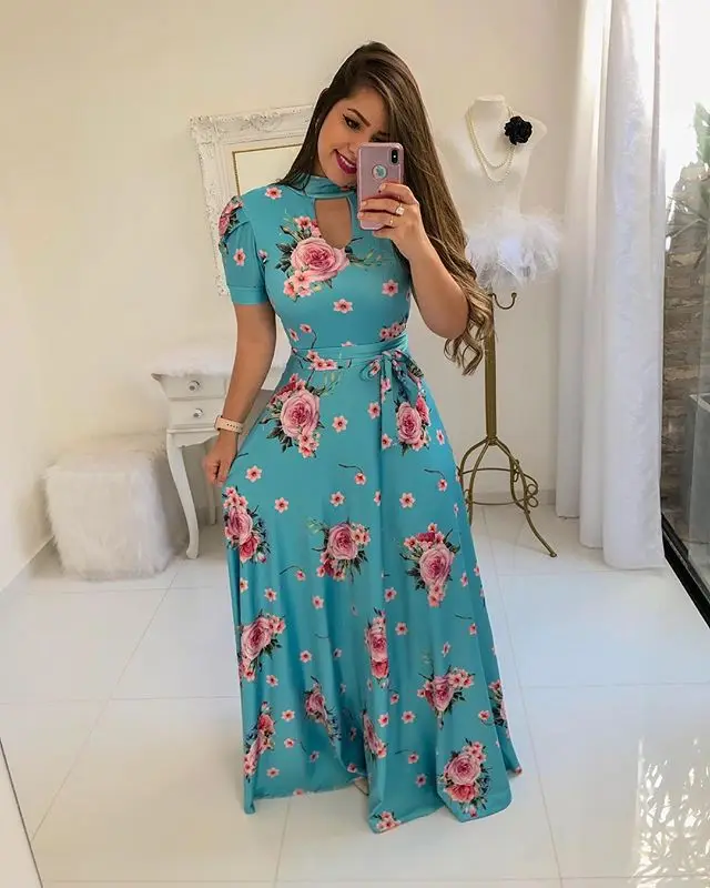 

Fashion trendy short sleeve waist controlled printed floral summer maxi dress women
