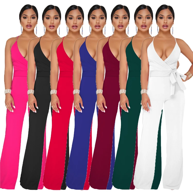 

MB731 wholesale 7 colors solid spaghetti strap sleeveless wide leg women jumpsuits