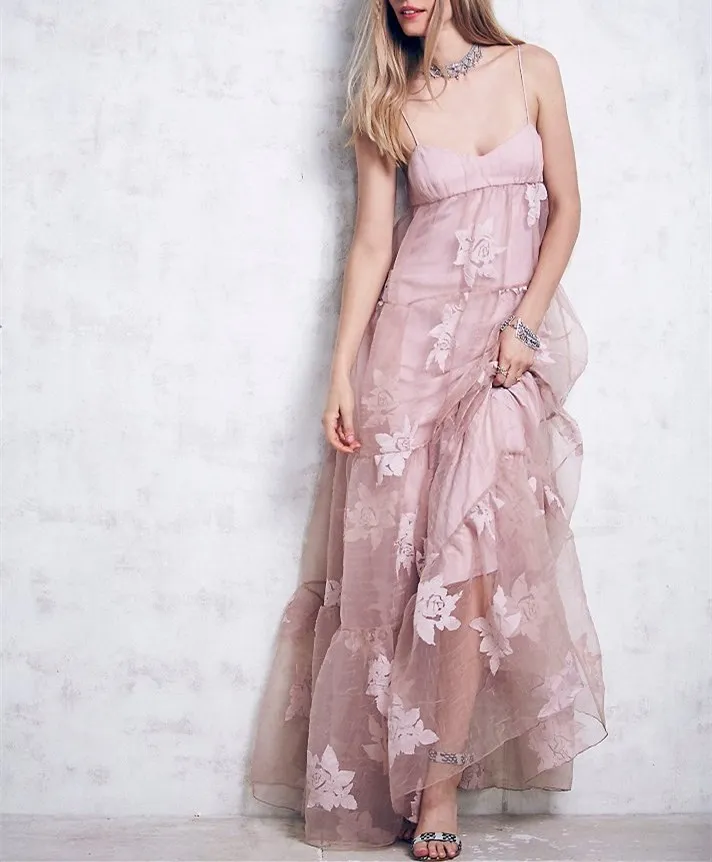 Floral Embroidery Organza Spaghetti Straps Empire Waist Plus Size
