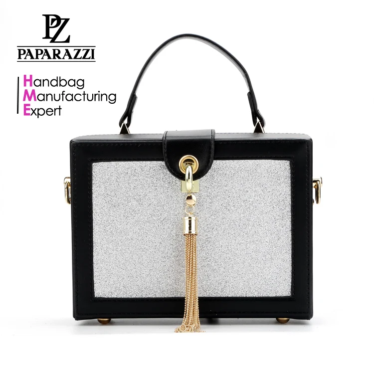 

7397 Black and silver classic women handbag design top sale Paparazzi leather, As picture, various colors available