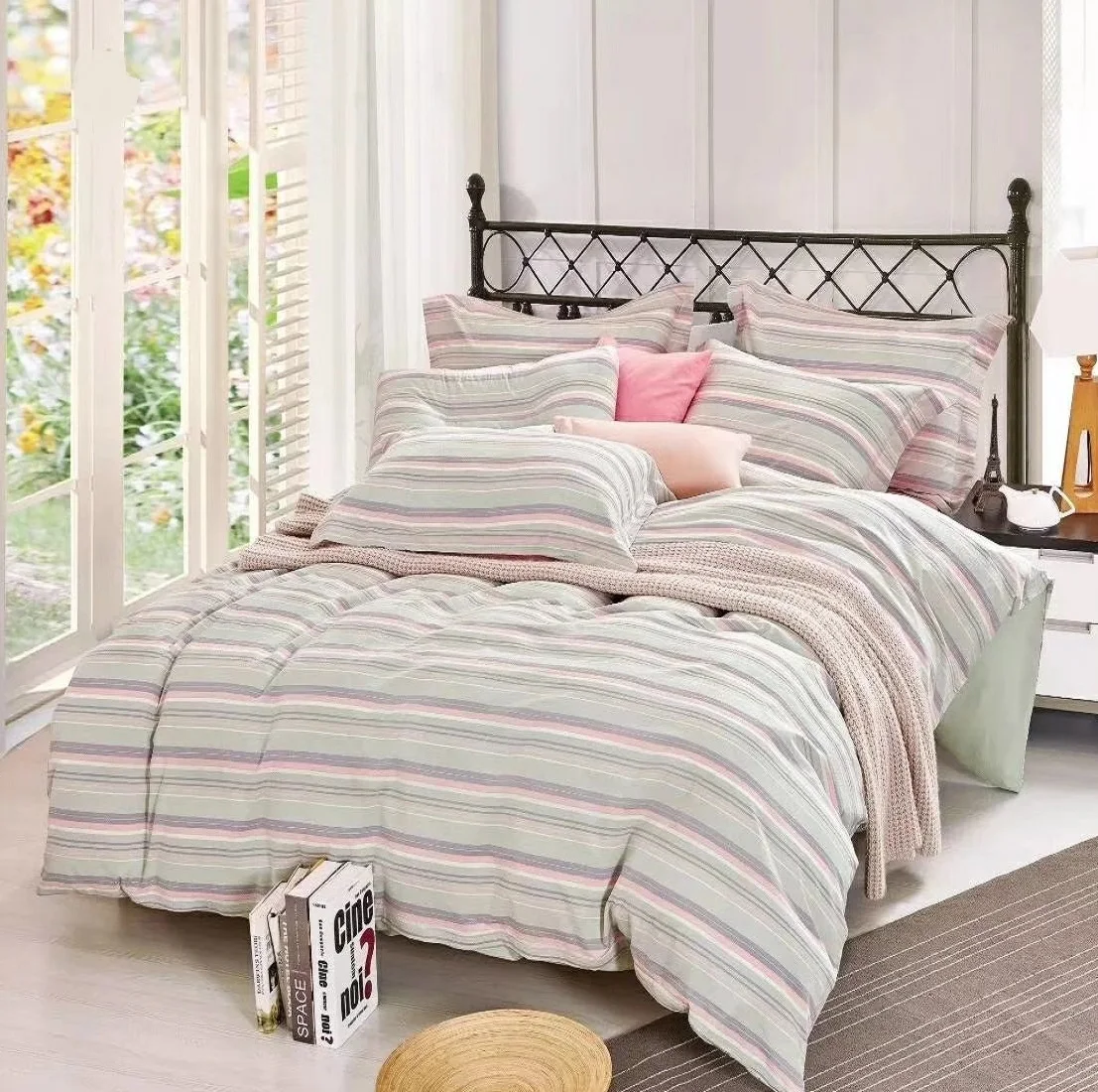 
100% cotton Stripe linen woven fabric buying Duvet Cover, Washed yarn dyed plaid check Comforter bedding sheet sets. 