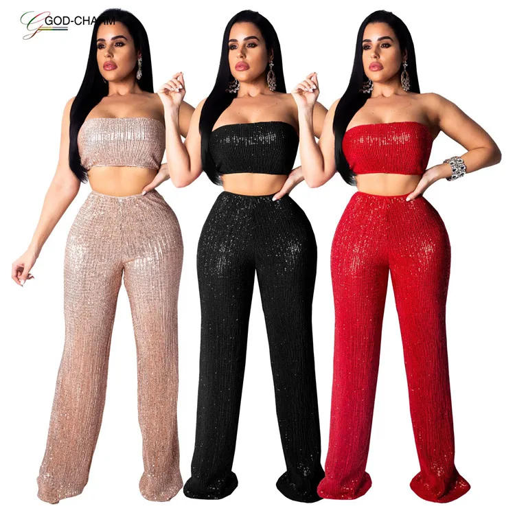 

*GC-86970932 2022 new arrivals Wholesale African crop top sexy in-stock sequin 2 piece set women and wide leg pant set women, Red,navy