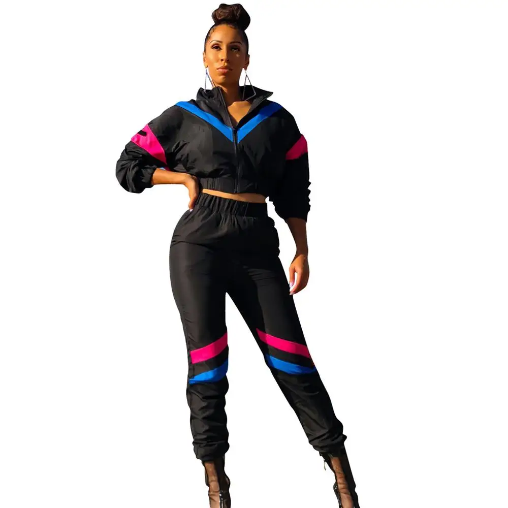 

Autumn Winter 2 Piece Set Women Zipper Stripe Crop Tops Pants Sexy Workout Tracksuits YY10184