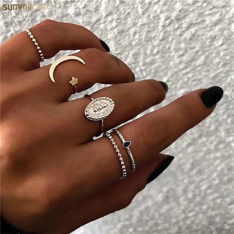 

New Fashion 5Pcs/Set 2019 Gold Silver Flower Moon Retro Geometric Wedding Finger Rings Set Accessories For Women Party Jewelry