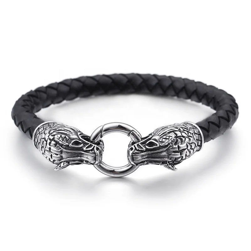 

New Style Dragon Head Stainless Steel Clasp Woven Bracelet Men Jewelry, As picture