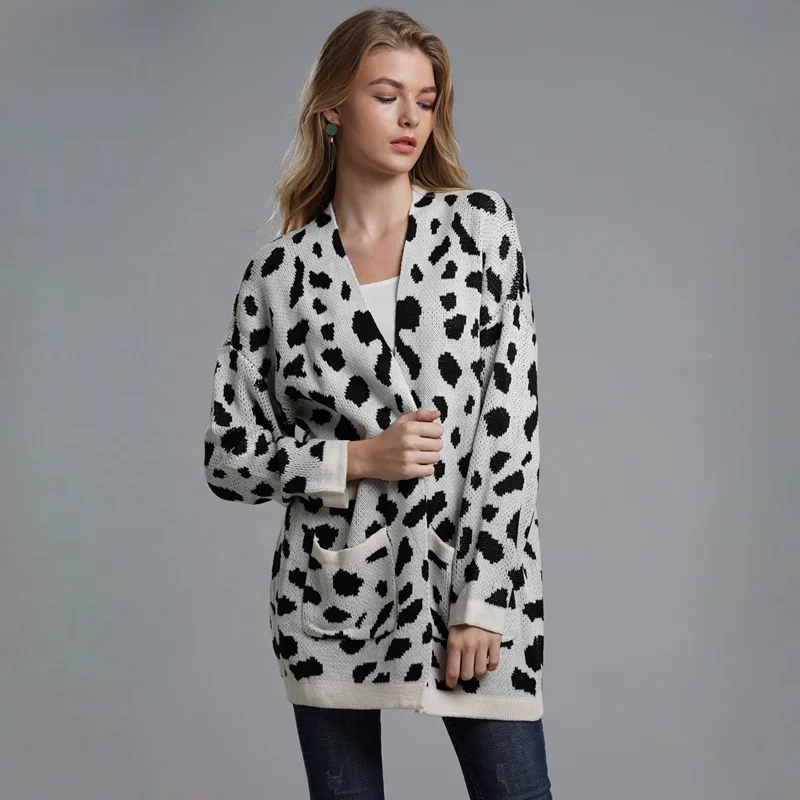 

Hot Selling Leopard Printed Coat Woman Long Knit Cardigan Lady Sweater Top