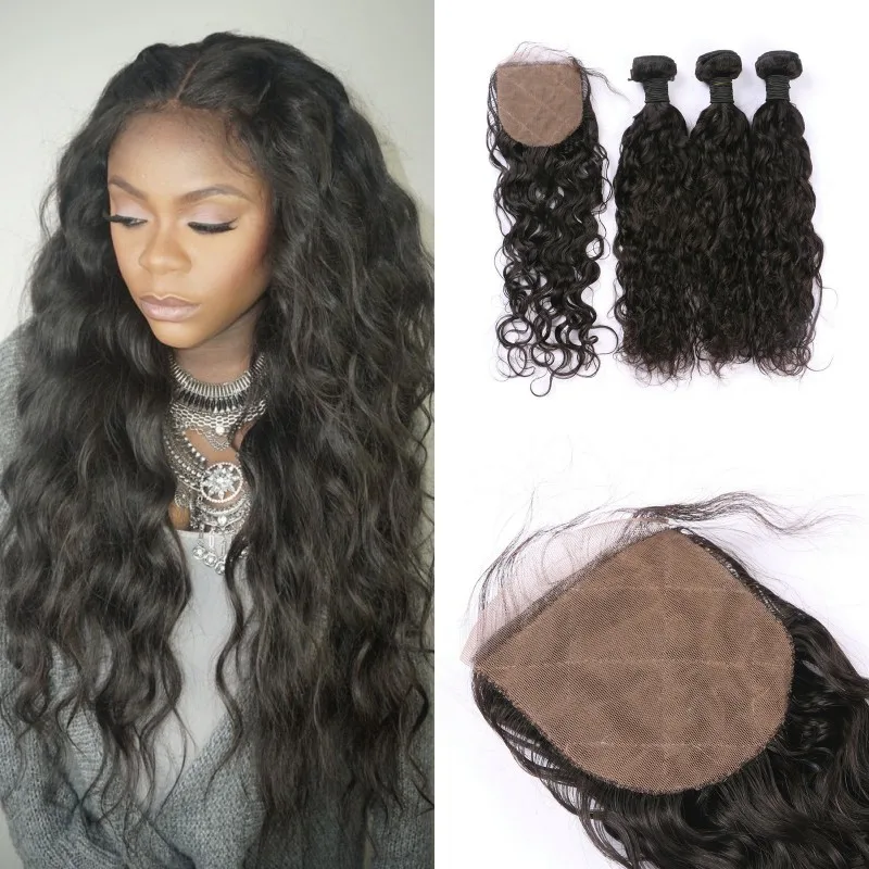 

Unprocessed Indian Virgin Hair Extensions 3pcs Water Wave Human Hair Bundles With Closure, Natural #1b 2 4 6 613 blonde ombre jet black remy with baby hair bangs