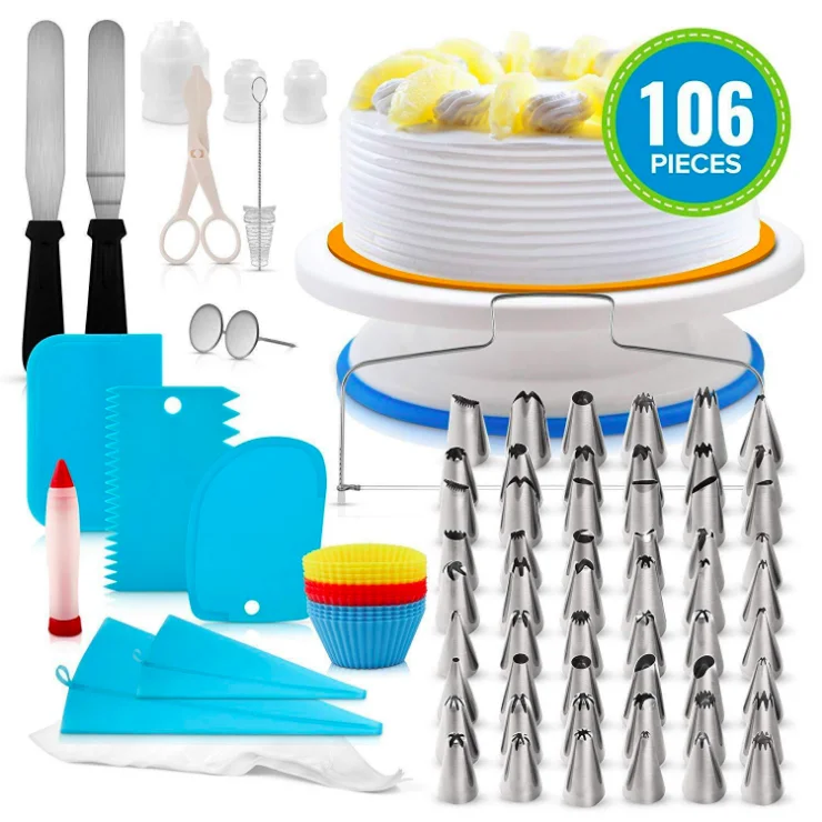 

106 PCS Hot Sale Baking Supplies Plastic Rotating Cake Stand Turntable Kit Icing Tips Spatula Scraper Cake Decorating Tools Set, Blue, purple